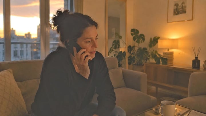 Familiar a falar ao telefone, sentada na sala de casa ao fim do dia